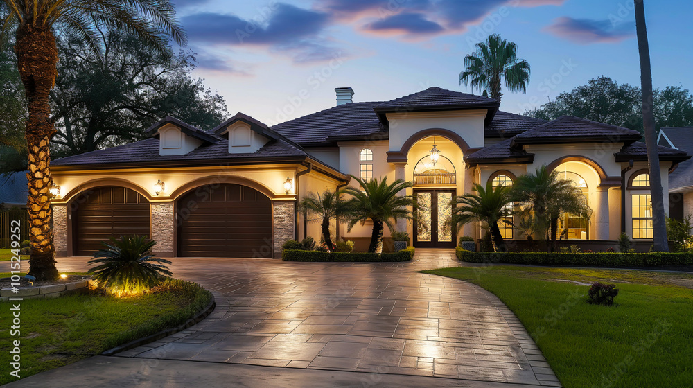 Obraz premium Elegant Mediterranean-style home exterior with palm trees and illuminated driveway at dusk. Generative AI 