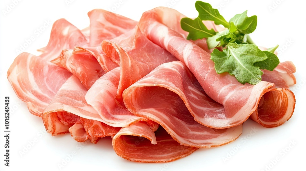 Thin slices of juicy, cured ham, neatly arranged on a white background, emphasizing the delicate pink color and tender texture. Thin slices of juicy, cured ham, neatly arranged on a white background, emphasizing the delicate pink color and tender texture.