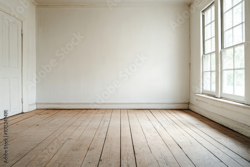 A minimalistic, empty room features polished wooden floors and bright sunlight pouring through the large windows