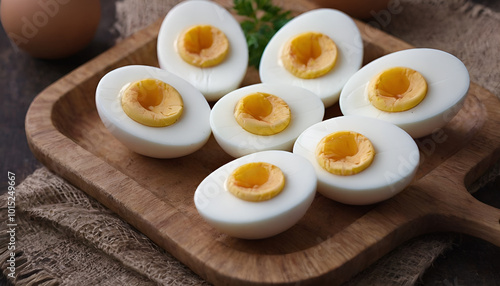 boiled eggs  on a wooden board photo