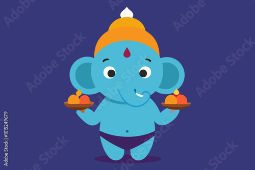 Cute cartoon Ganesha holding Diwali sweets.