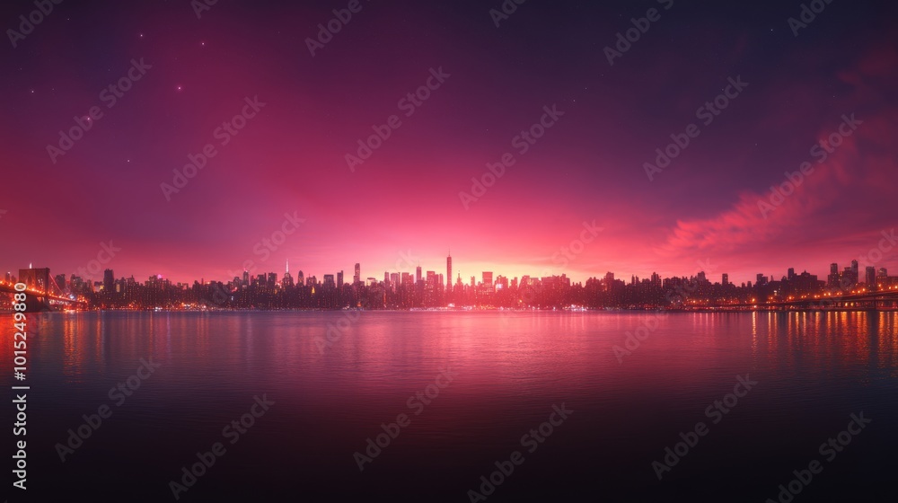 The New York City skyline transforms at dusk as a glowing purple sky emerges, with a historic bridge in the foreground reflecting city lights on the shimmering river, creating a magical atmosphere The New York City skyline transforms at dusk as a glowing purple sky emerges, with a historic bridge in the foreground reflecting city lights on the shimmering river, creating a magical atmosphere