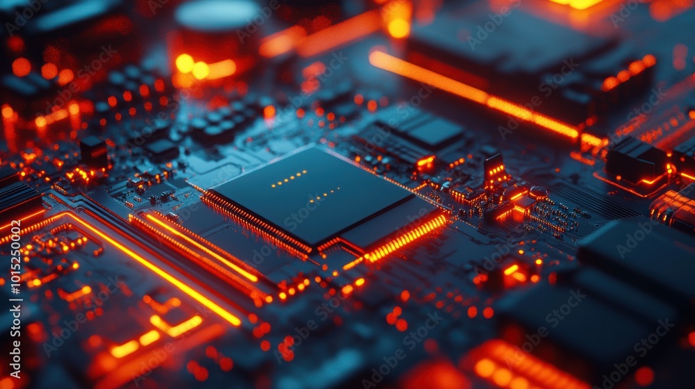 Close-up of a glowing circuit board with a central processor.