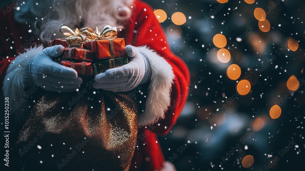 Santa Claus holds a bag of presents in his gloved hands, with a snowy background and blurry lights. Santa Claus holds a bag of presents in his gloved hands, with a snowy background and blurry lights.