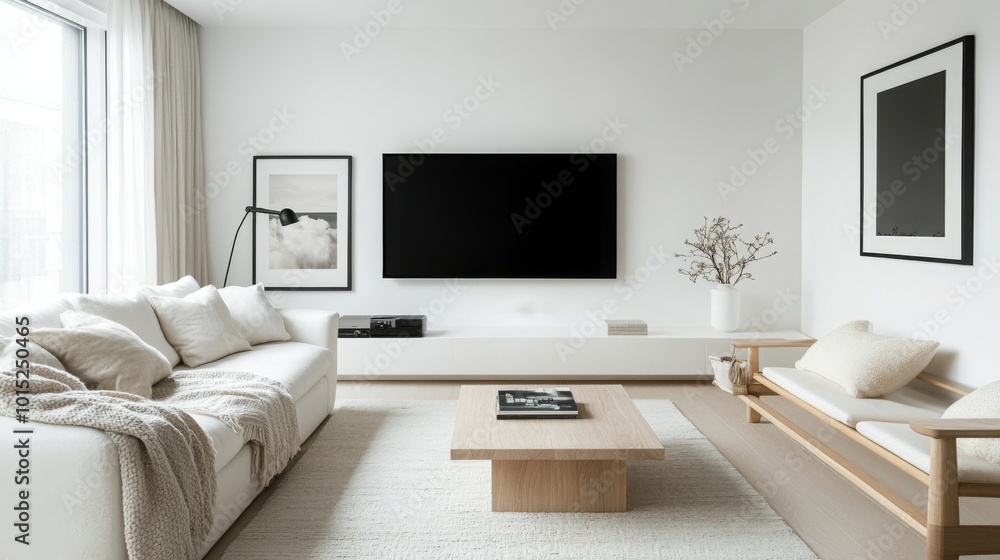 A contemporary living room showcases a white sofa adorned with plush cushions, a large black television mounted on the wall, and a minimalist wooden coffee table, all bathed in natural light.