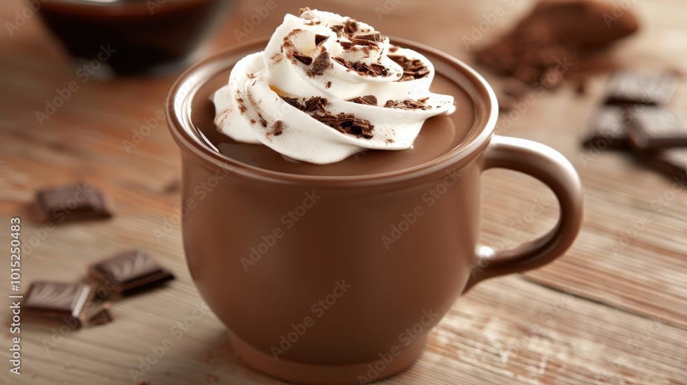 Rich hot chocolate in brown mug topped with whipped cream and chocolate shavings, served on wooden table with pieces of dark chocolate. Cozy and indulgent treat, perfect for winter warmth. Rich hot chocolate in brown mug topped with whipped cream and chocolate shavings, served on wooden table with pieces of dark chocolate. Cozy and indulgent treat, perfect for winter warmth.