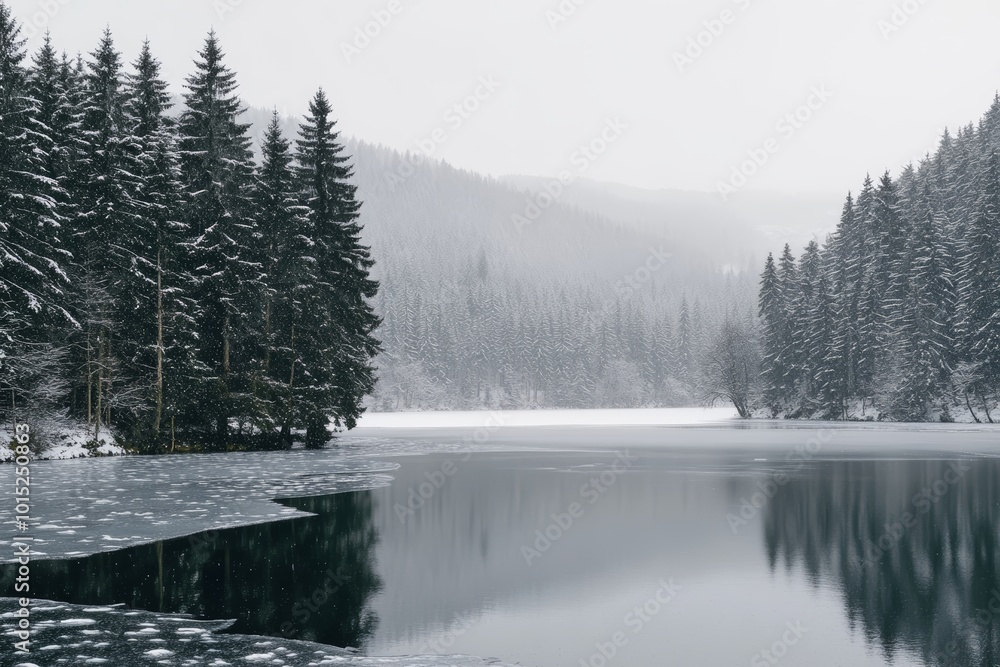A serene winter scene shows a still lake partially frozen, bordered by tall evergreen trees in a peaceful, snowy environment A serene winter scene shows a still lake partially frozen, bordered by tall evergreen trees in a peaceful, snowy environment
