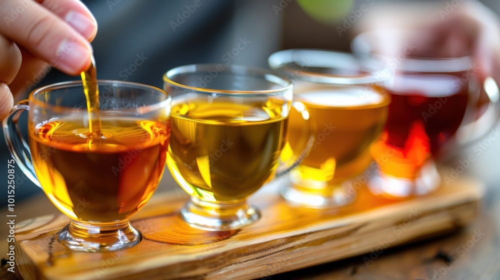 four different premium teas served in glass cups on a wooden tray. Varying shades of amber, gold, and red tea displayed with vibrant lighting in a cozy cafe setting, four different premium teas served in glass cups on a wooden tray. Varying shades of amber, gold, and red tea displayed with vibrant lighting in a cozy cafe setting,