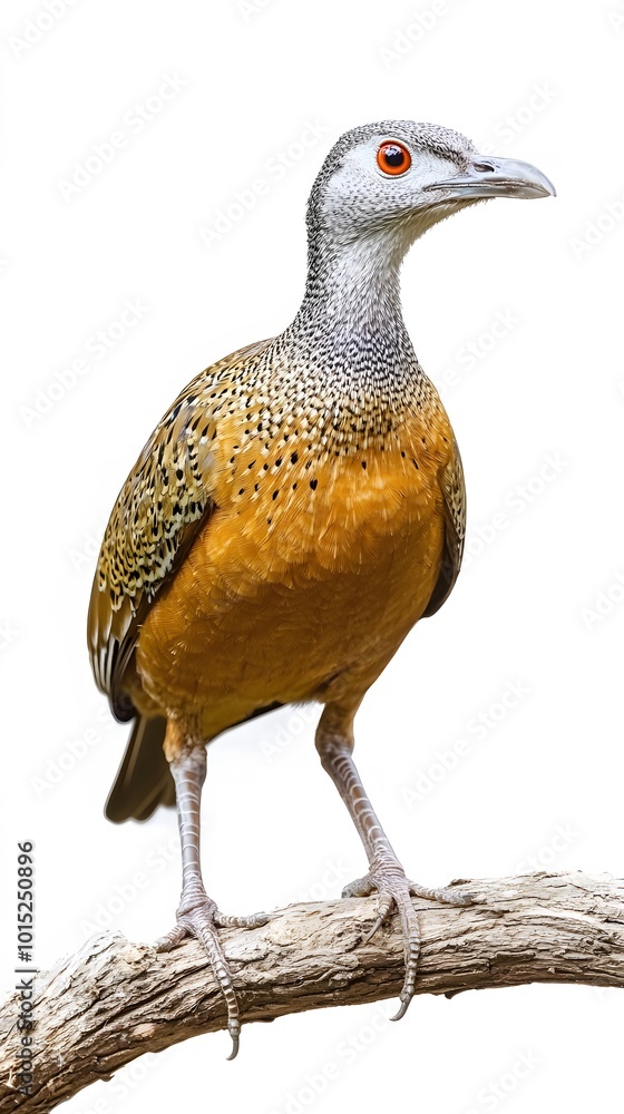 Fototapeta premium Solitary Tinamou Bird Perched on a Branch on a White Background, Photo Realistic, Wallpaper, Cover and Screen for Smartphone, PC, Laptop, 9:16 and 16:9 Format