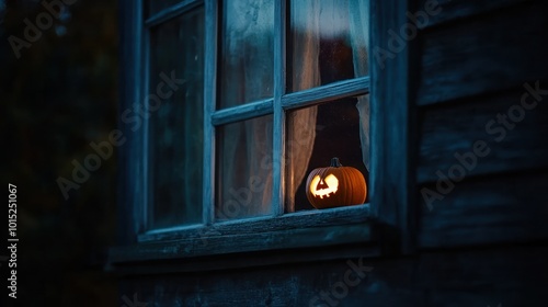 A carved pumpkin with a lit candle inside sits on a windowsill of a dark wooden building, with a warm glow emanating from the window.