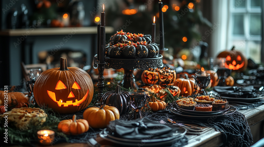 Halloween table with pumpkins and candles on the table. A table with a pumpkin and a candle on it Halloween table with pumpkins and candles on the table. A table with a pumpkin and a candle on it