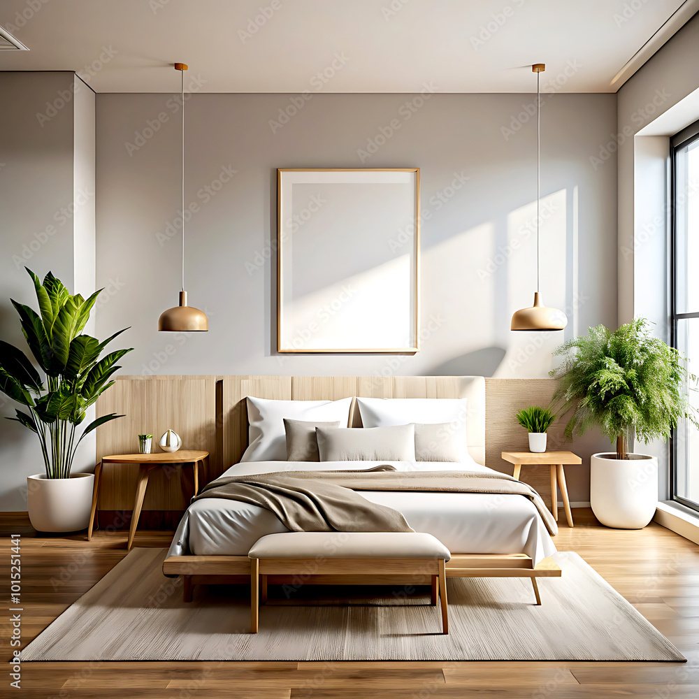 Fototapeta premium Minimalist modern bedroom interior background, 3D render, white Mock up frame