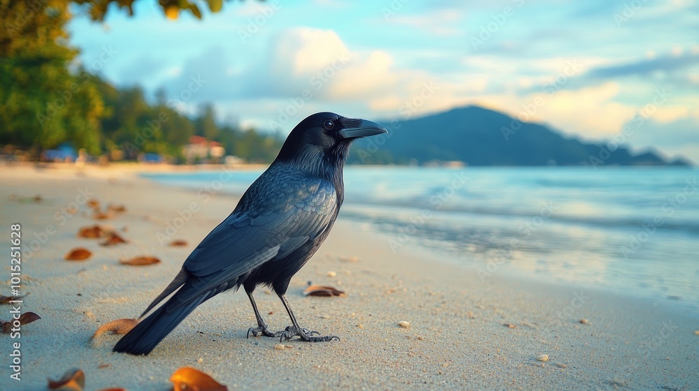A black crow stands on a sandy beach with blue water and mountains in the background.