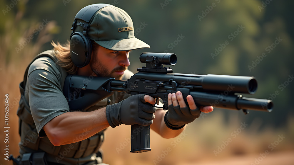 Fototapeta premium A Confident Batter Holding an Incredibly Designed Rifle, Merging Sports with Marksmanship in a Unique Competition