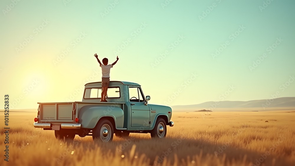 Fototapeta premium Childhood Adventures: A Small Boy Standing Proudly on a Pickup Truck in an Open Field
