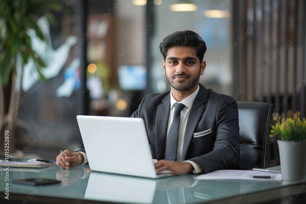 Indian businessman sits at desk in modern office. Man wears sharp black suit, tie, rests hands on desk. Laptop, phone, plant decorate workspace. Man gaze directed towards camera, suggesting