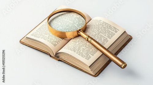 Magnifying glass on an open book, highlighting text for detailed study and research. photo