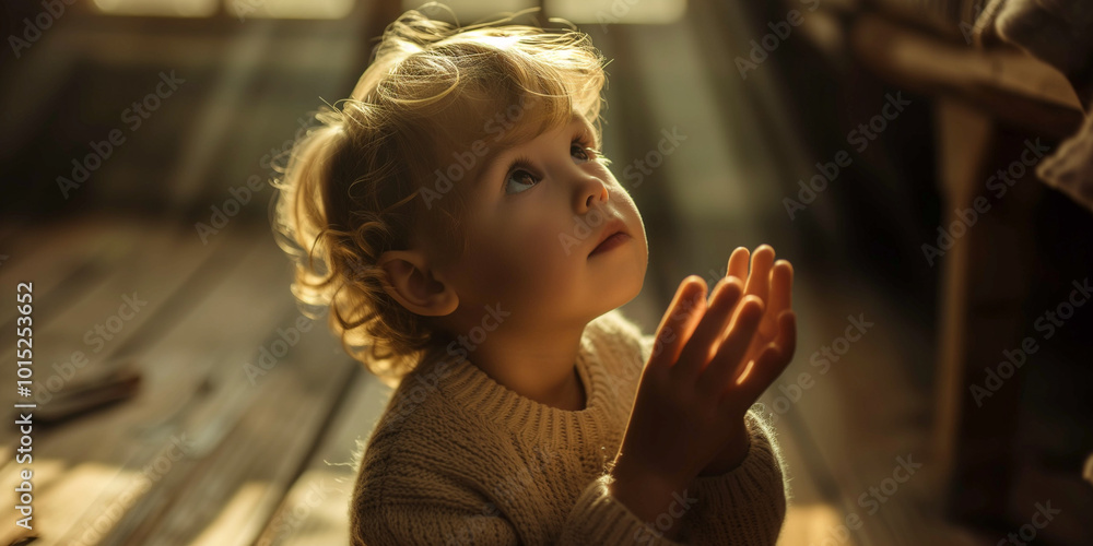 Fototapeta premium A Young Child Gazing Upward in Wonder, Captured in Soft Natural Light