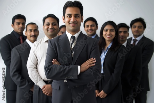 Group of 9 professionals in business attire stand together in line against white background. 6 wear suits, 3 wear ties. Unity and purpose in their stance.