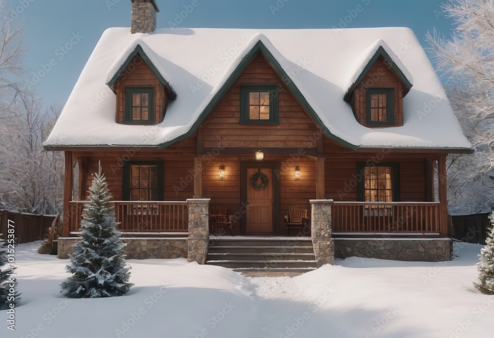 A charming house with snow on the roof, beautifully decorated for Christmas A charming house with snow on the roof, beautifully decorated for Christmas