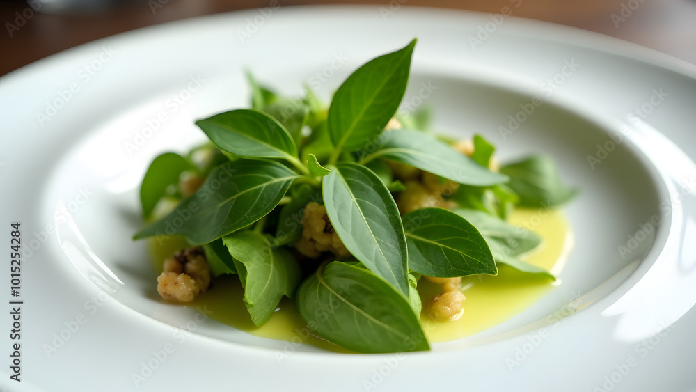 Culinary Art: An Elegant White Plate Marvelously Garnished with Fresh Leafy Greens, Celebrating the Beauty of Healthy Eating Culinary Art: An Elegant White Plate Marvelously Garnished with Fresh Leafy Greens, Celebrating the Beauty of Healthy Eating