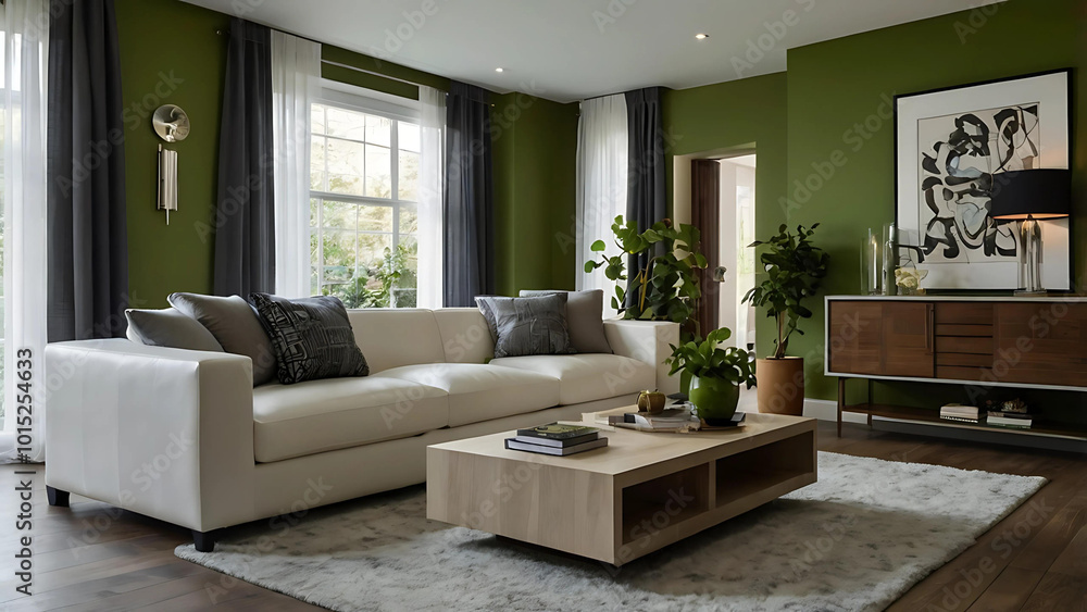 Cozy living room with green walls and stylish white furniture, generative ai Cozy living room with green walls and stylish white furniture, generative ai