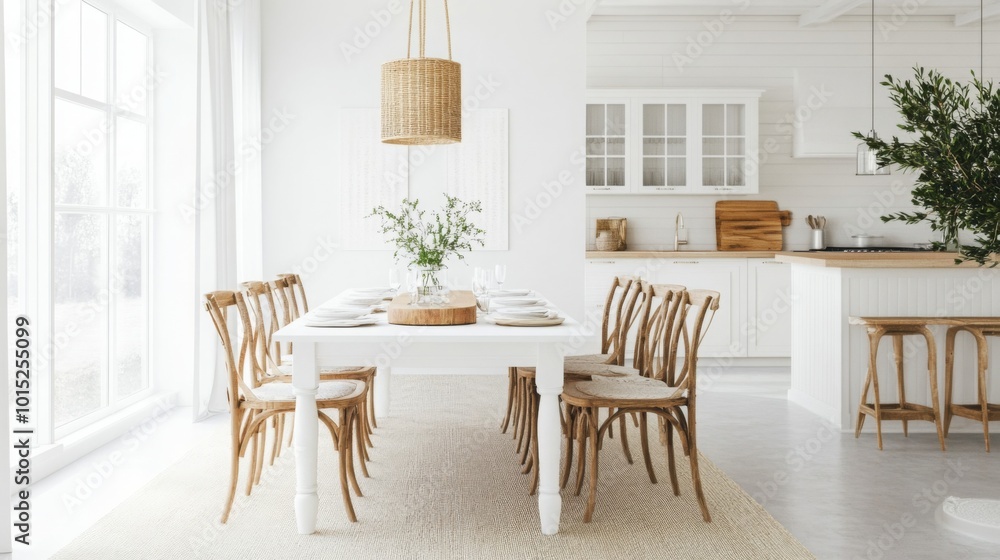 A spacious dining area showcases a white table surrounded by elegant wooden chairs. Natural light floods the room, enhancing the minimalist decor, with greenery adding a fresh touch. A spacious dining area showcases a white table surrounded by elegant wooden chairs. Natural light floods the room, enhancing the minimalist decor, with greenery adding a fresh touch.