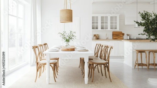 A spacious dining area showcases a white table surrounded by elegant wooden chairs. Natural light floods the room, enhancing the minimalist decor, with greenery adding a fresh touch.