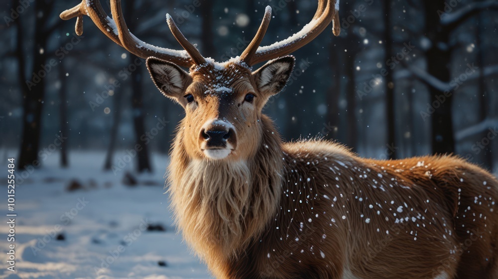 A majestic deer stands in a snowy forest, looking directly at the camera. Its antlers are covered in snow, and its fur is a rich brown. The background is a blur of trees and snow. A majestic deer stands in a snowy forest, looking directly at the camera. Its antlers are covered in snow, and its fur is a rich brown. The background is a blur of trees and snow.