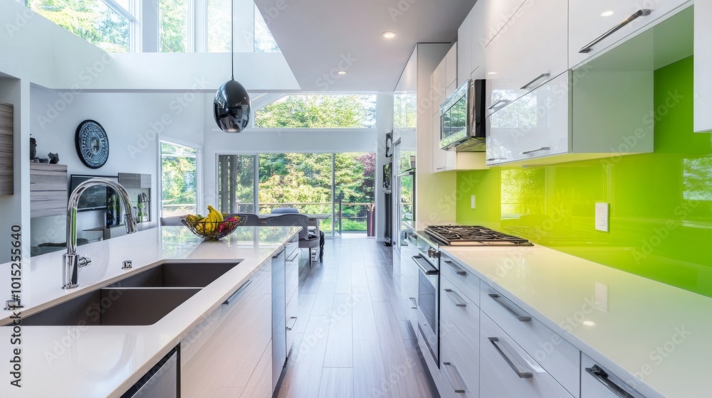 A modern kitchen with white cabinets, a stainless steel sink, and a green glass backsplash. The kitchen is well-lit with natural light from large windows. A modern kitchen with white cabinets, a stainless steel sink, and a green glass backsplash. The kitchen is well-lit with natural light from large windows.