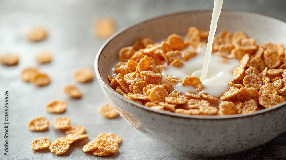 A bowl of cereal flakes with milk being poured in, surrounded by scattered cereal flakes on a white marble surface A bowl of cereal flakes with milk being poured in, surrounded by scattered cereal flakes on a white marble surface