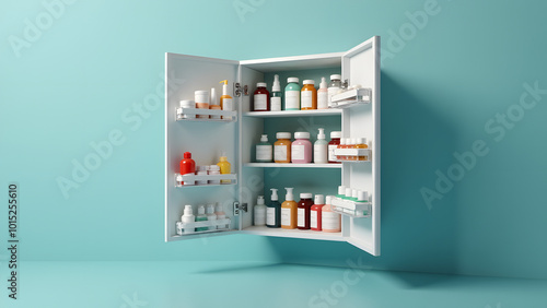 A Detailed Profile Photo of an Open Medicine Cabinet: Organized Health Essentials at Home