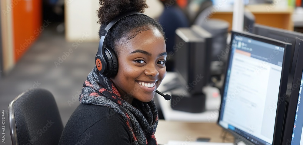 Black woman in headphones smiling while sitting at her desk in front of the computer, office background Black woman in headphones smiling while sitting at her desk in front of the computer, office background