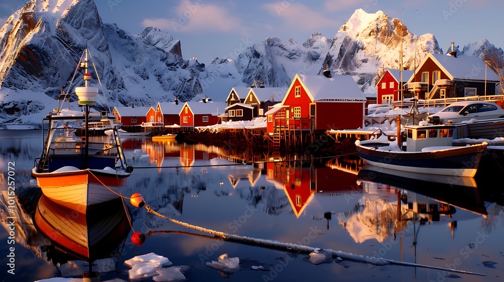 Fototapeta premium Scenic Winter Village with Boats and Snowy Mountain Reflections
