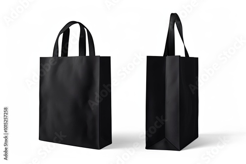 Vertical black bag mockup on white background. Flat bottom gusset bag. Half side view.  photo