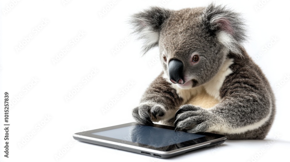 Naklejka premium koala sitting with its paw on a touchscreen tablet, isolated against a white background