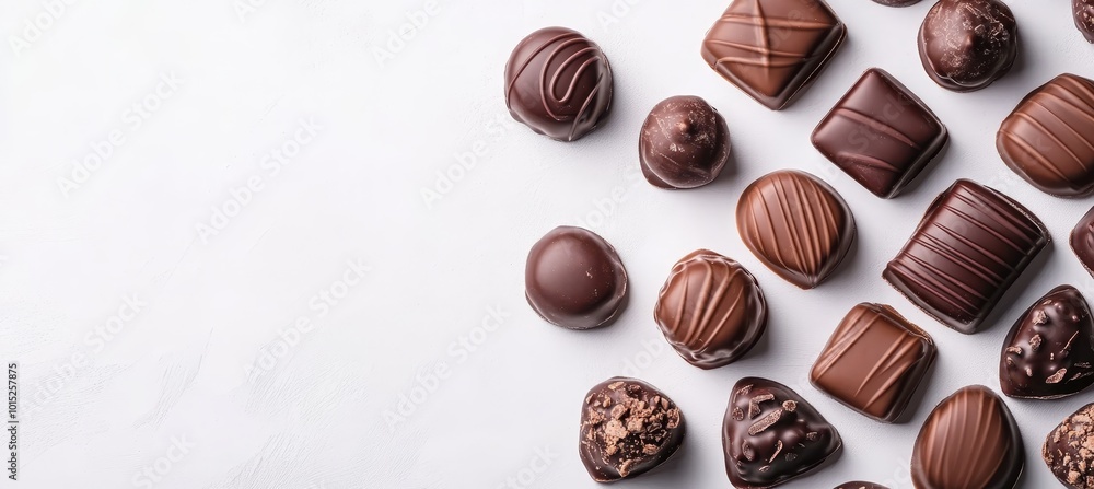 Chocolate Candy Assortment. Different Chocolate Pralines Isolated on White Background. Top View Chocolate Candy Assortment. Different Chocolate Pralines Isolated on White Background. Top View
