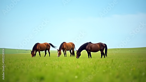 A Group of Horses Grazing Peacefully in a Lush Green Pasture Under a Clear Blue Sky