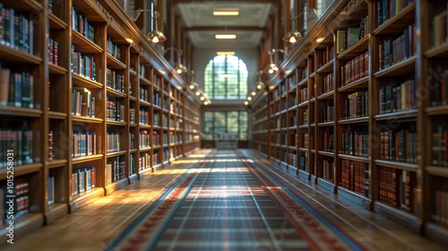 A serene aisle between bookshelves in a modern library, showcasing soft lighting and a warm ambiance.