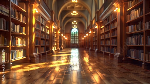 A well-lit corridor between tall bookshelves in a university library, featuring cool lighting and an academic environment.