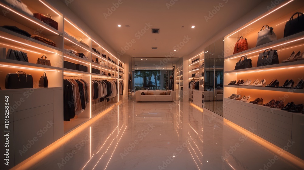 This lavish walk-in closet showcases backlit glass shelving displaying designer bags, perfectly folded clothes, and a cozy seating area with a large mirror, reflecting elegance and luxury This lavish walk-in closet showcases backlit glass shelving displaying designer bags, perfectly folded clothes, and a cozy seating area with a large mirror, reflecting elegance and luxury