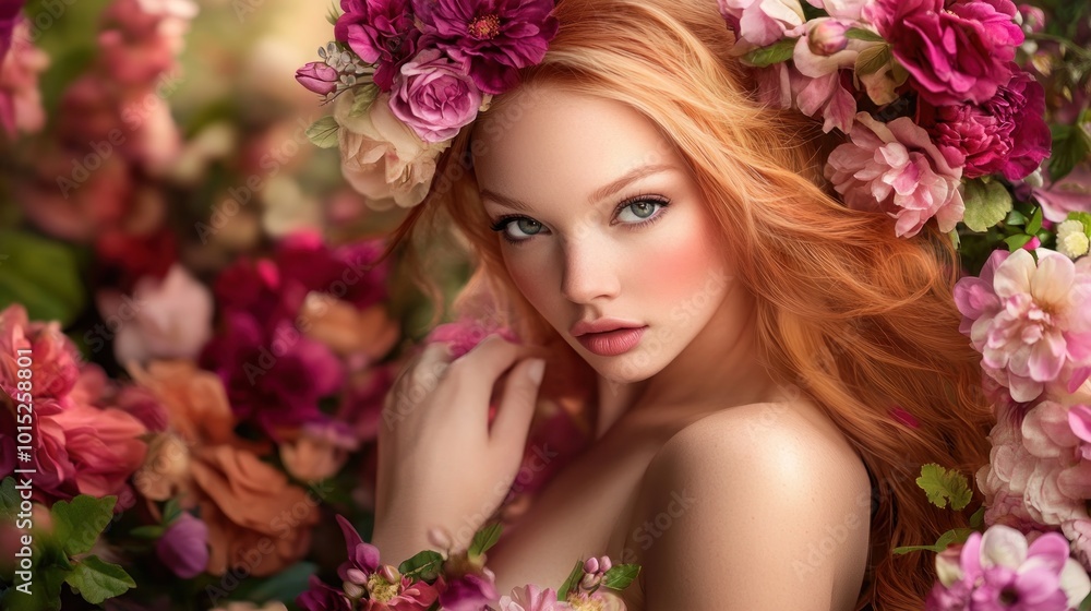 A beautiful young woman with red hair and a flower crown looks directly at the camera. A beautiful young woman with red hair and a flower crown looks directly at the camera.