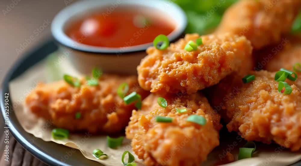 Closeup of crispy fried chicken bites with dipping sauce. Closeup of crispy fried chicken bites with dipping sauce.