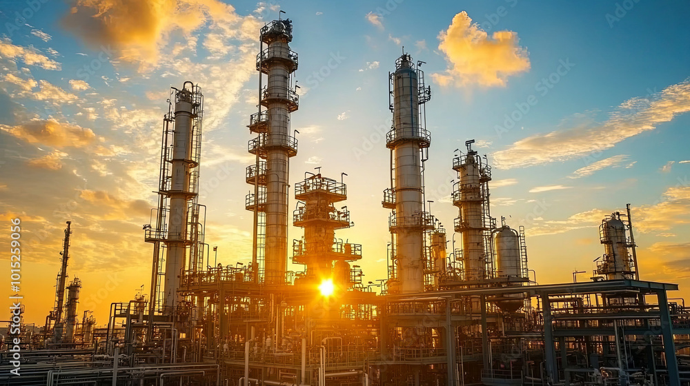 Fototapeta premium Sunset Illuminates a Sprawling Industrial Complex With Towering Smokestacks and Pipelines in an Urban Setting