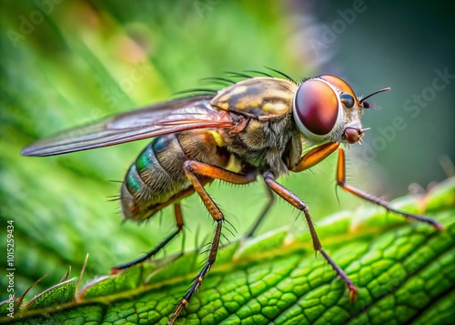 Capturing the essence of nature, this close-up reveals an Ephydridae Hydrellia fly on a leaf, emphasizing the delicate details of its habitat.