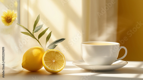 A cup of hot lemonade, served with just a touch of lemon and minimal fruit. The drink is smooth and light, perfect for a relaxing moment. The steam gently rises from the cup, invit