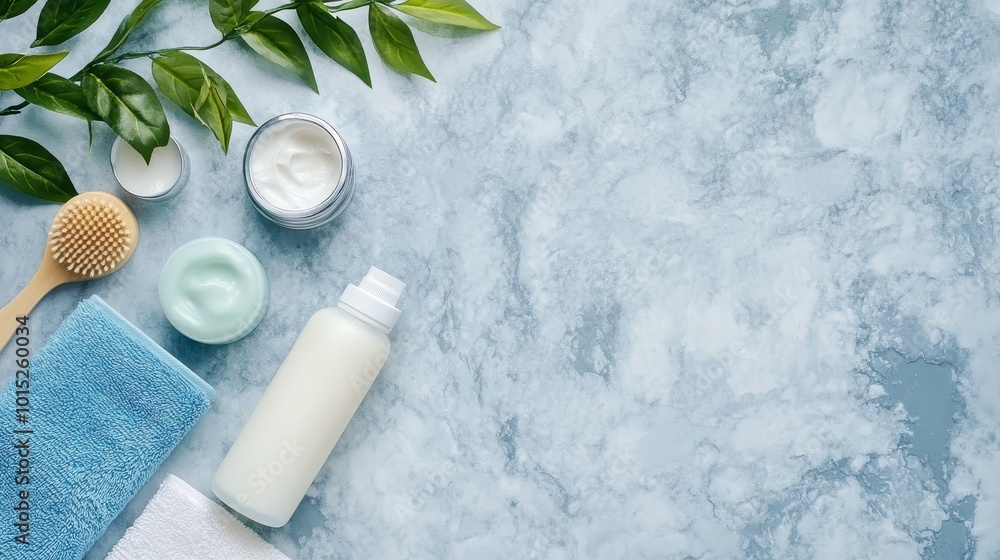 Natural spa products including cream, towel, and green leaves on light marble background. Beauty and skincare concept with copy space for text Natural spa products including cream, towel, and green leaves on light marble background. Beauty and skincare concept with copy space for text