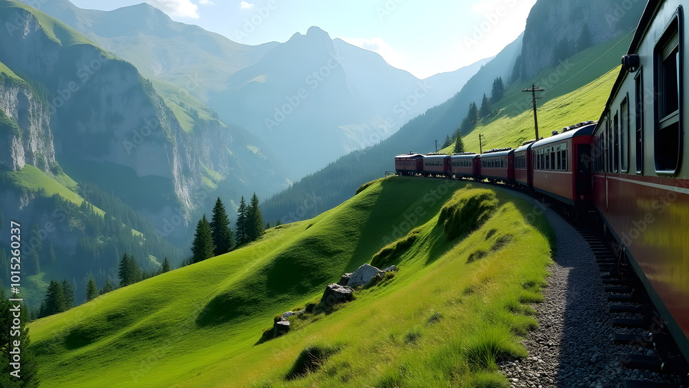 Fototapeta premium The Majestic Journey: A Train Traversing Down a Steep Mountainside Pasture