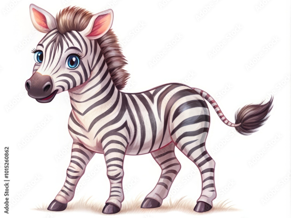 Obraz premium Charming zebra cub cartoon set against a white backdrop, ideal for children's decor and educational resources, sparking imagination and making