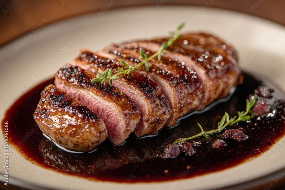 perfectly seared duck breast with crispy skin, resting on a bed of rich, dark sauce. The sauce is glistening with a subtle sheen, and the duck breast is perfectly sliced, revealing juicy pink meat perfectly seared duck breast with crispy skin, resting on a bed of rich, dark sauce. The sauce is glistening with a subtle sheen, and the duck breast is perfectly sliced, revealing juicy pink meat